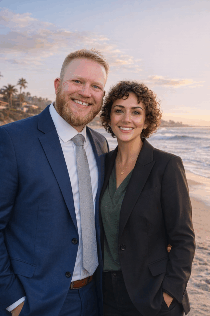 Jeff and Crystal, mortgage expert, smiling on a Florida beach at sunset.